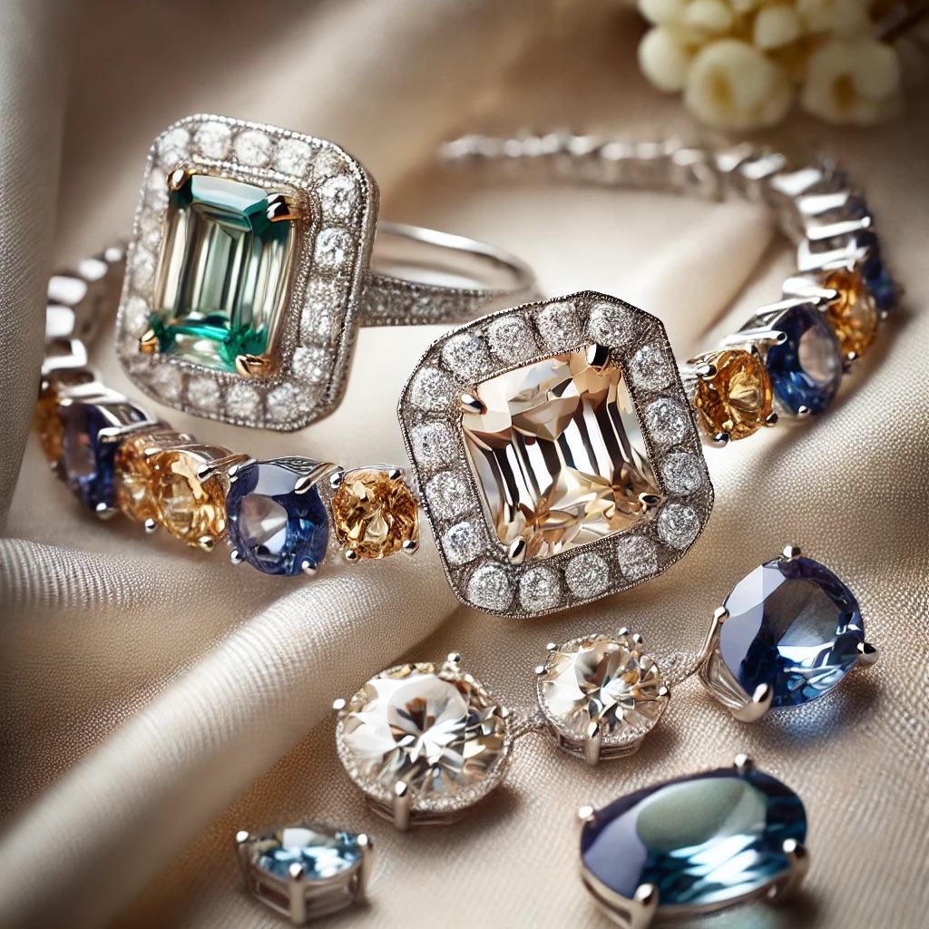 Close-up of luxury jewelry pieces showcasing high-quality gemstones and craftsmanship.