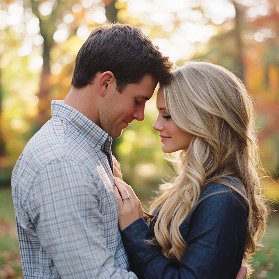 A beautiful fall engagement ring featuring a warm-toned gemstone with autumn-inspired leaves in the background, showcasing a perfect ring for a fall proposal.