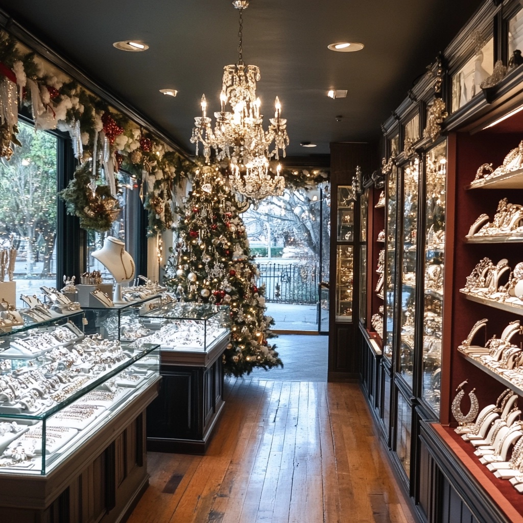 A beautiful display of holiday jewelry gifts at Hal Davis Jewelers, including diamond earrings, stackable rings, and luxury watches, perfect for Boise and Treasure Valley shoppers.