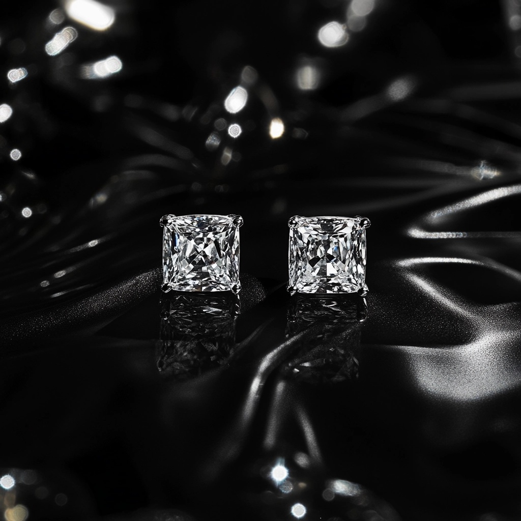 Close-up of diamond stud earrings on display at Hal Davis Jewelers in Boise, Idaho.