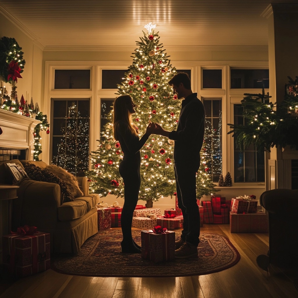 Man proposing with an engagement ring under a Christmas tree surrounded by holiday lights and decorations.